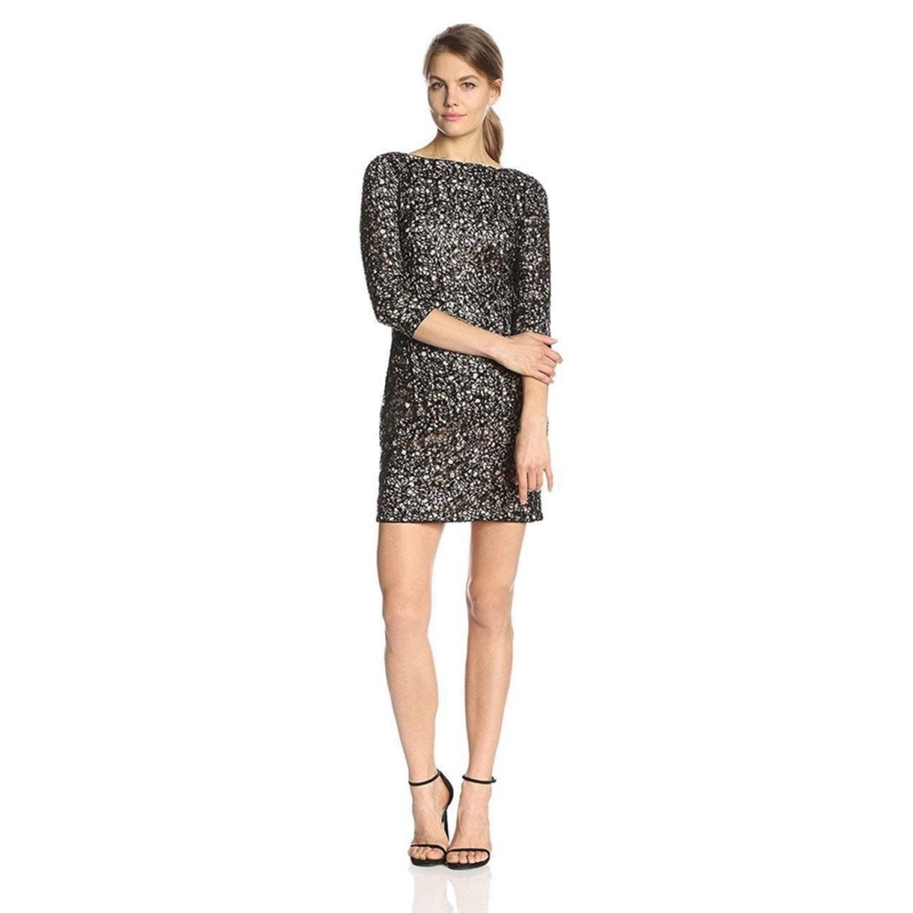 Aidan Mattox - Embellished Bateau Neck Dress 151A96310 Size 2, Black and Beige
